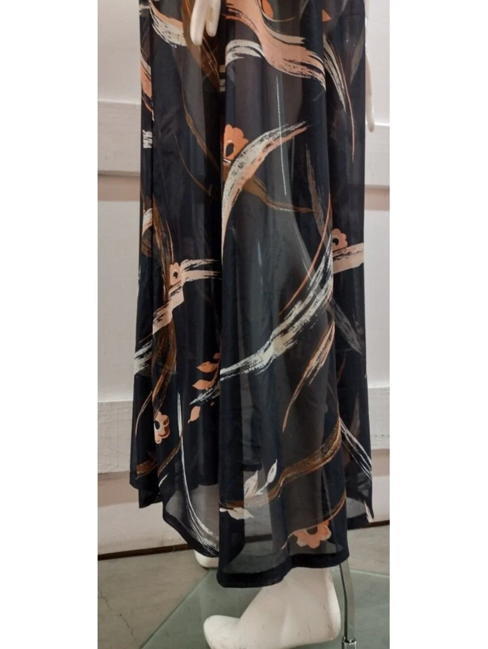 Vintage 1970s Maxi A-Line Swing Sheer Dress Size L/XL Black Sheer Nylon Pastels